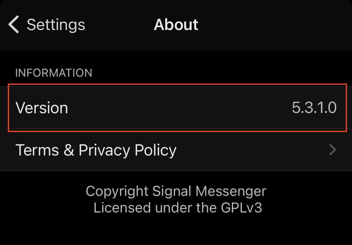 How to check the version of the Signal Messaging app