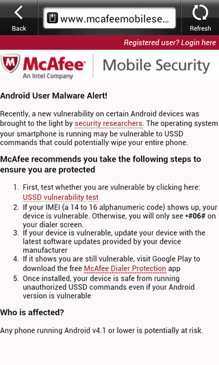 Find out if your Android device is affected by the USSD vulnerability , even mine was vulnerable .