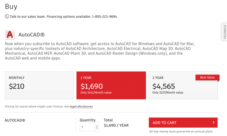 autocad license cost