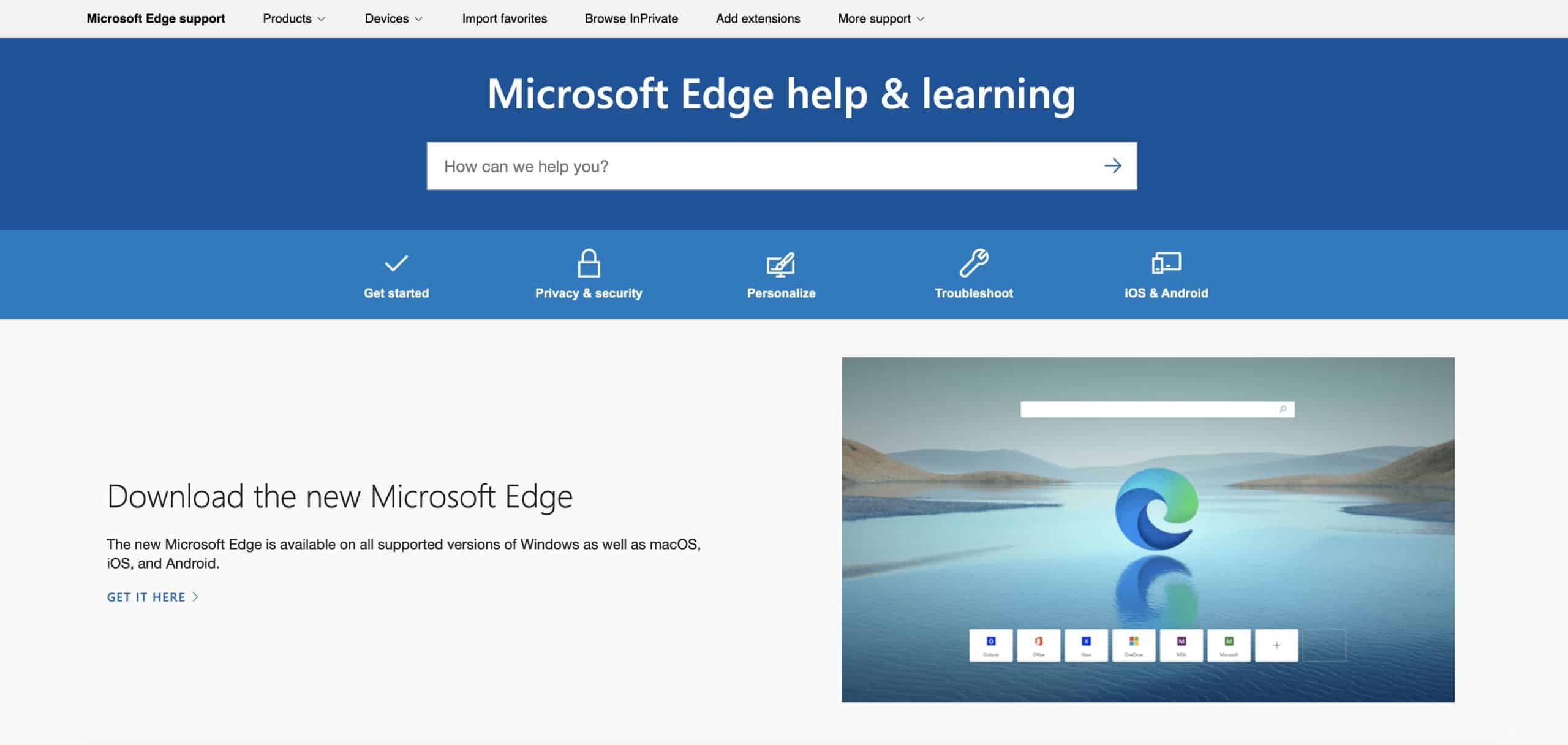 How to use the Microsoft Edge Help section