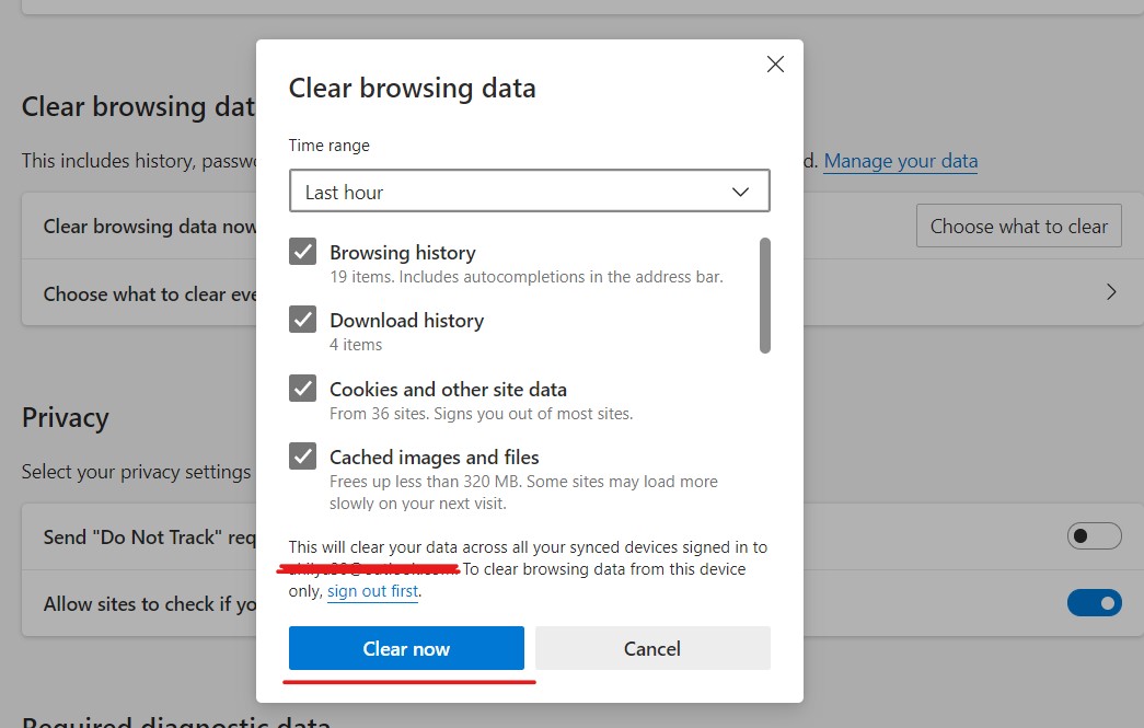 Microsoft Edge ရှိ browsing history ကို ဖျက်ရန် ပျက်ကွက်သောသက်သေနည်းလမ်း