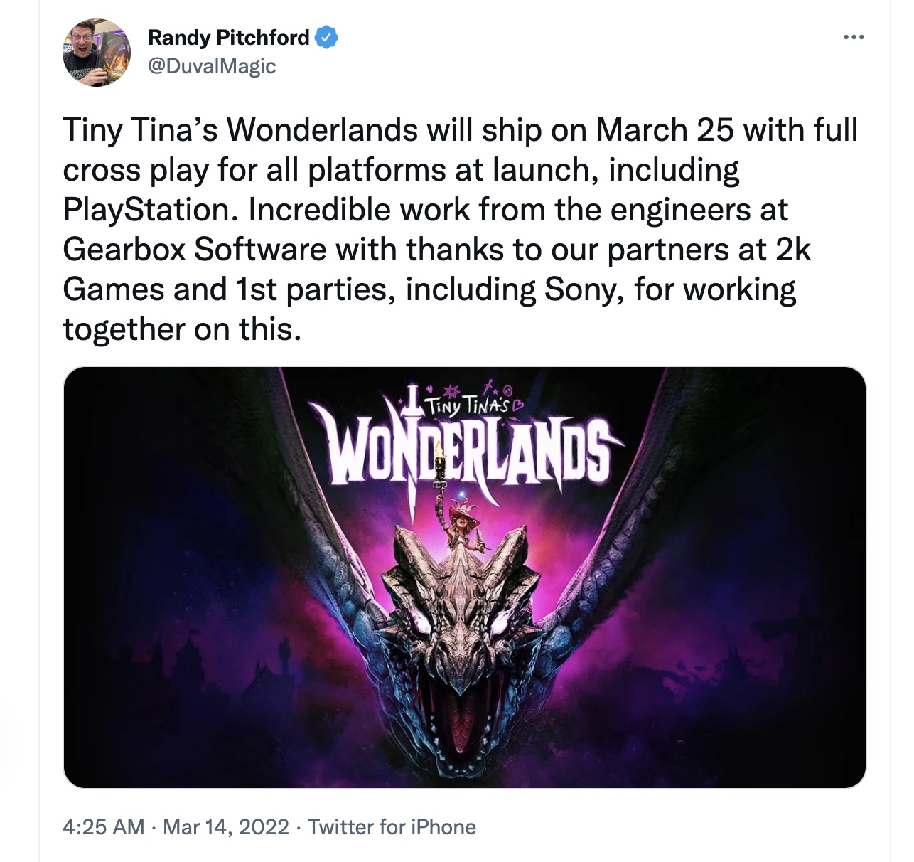 At launch, Tiny Tina's Wonderlands will support crossplay, including on PlayStation