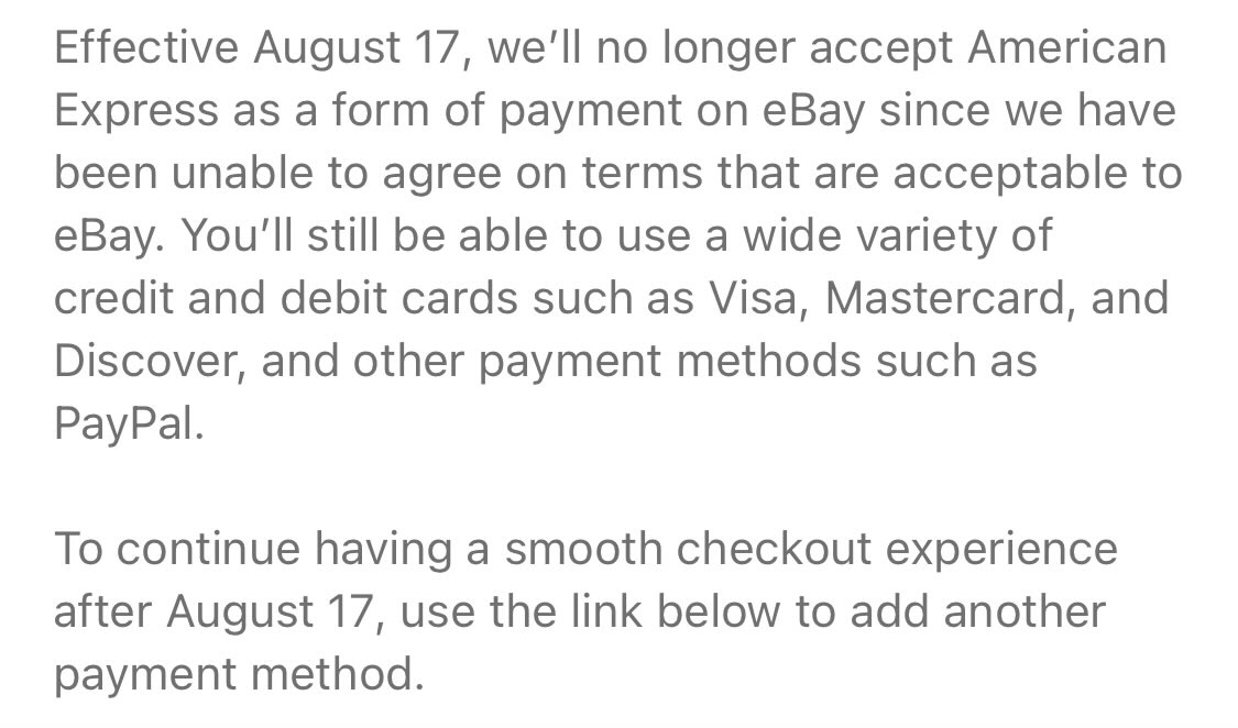 eBay statement regarding American express