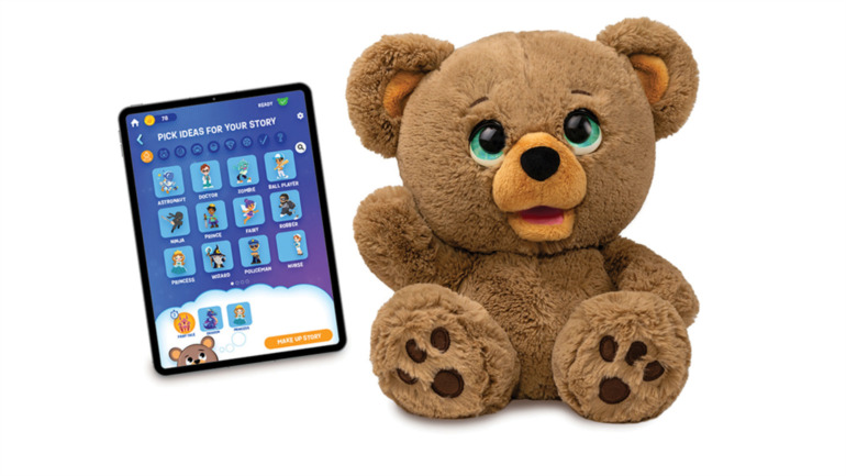 AI teddy bear, Poe the AI Story Bear, Skyrocket, AI storytelling, OpenAI models, ElevenLabs AI speech, personalized bedtime stories, child-safe AI, Bluetooth toys, multilingual toys, AI-powered toys.