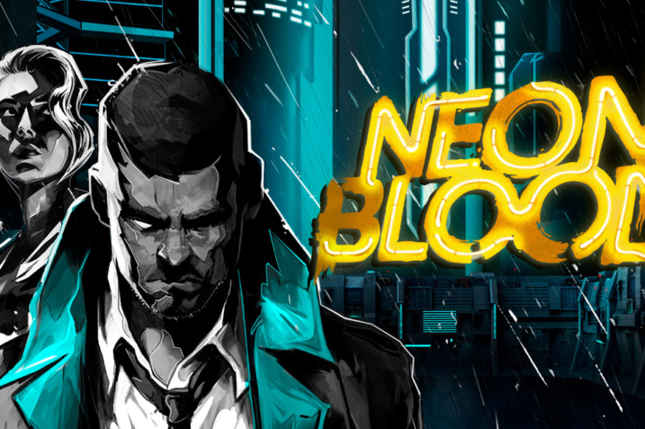 Cover art of Neon Blood showcasing its neo-noir cyberpunk aesthetic.