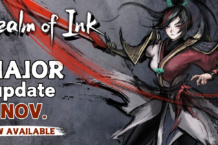 A swordswoman battles enemies in the vibrant ink-styled world of Realm of Ink.