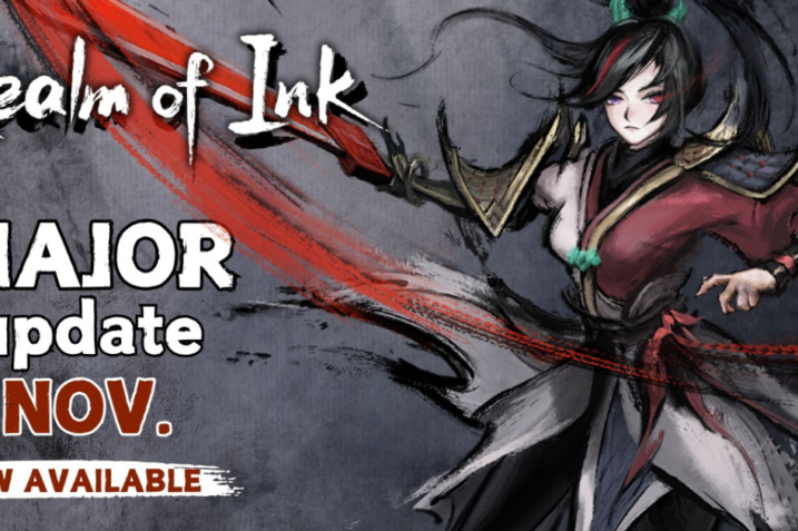 A swordswoman battles enemies in the vibrant ink-styled world of Realm of Ink.