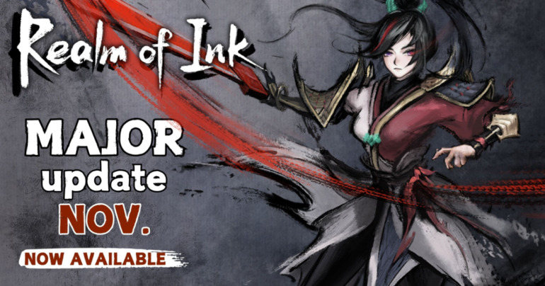 A swordswoman battles enemies in the vibrant ink-styled world of Realm of Ink.