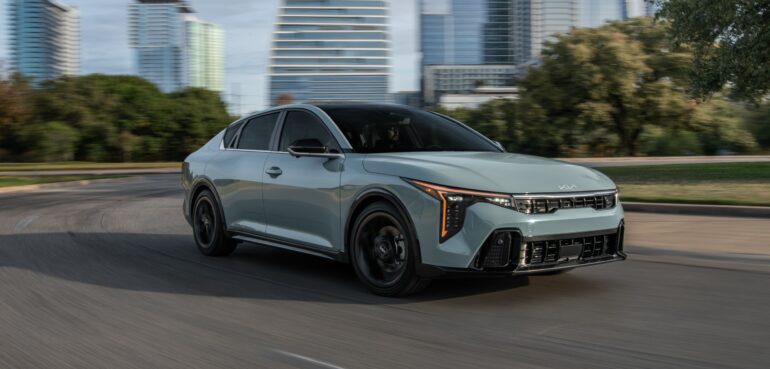 Front view of the 2025 Kia K4 compact sedan with a focus on safety and design.