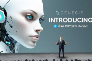 Image of a robotic arm in a simulated environment, showcasing the capabilities of the Genesis simulation system.