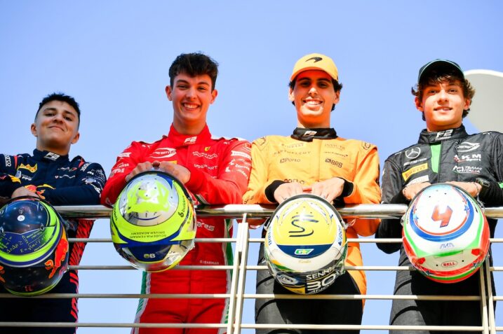 Isack Hadjar celebrating on the podium during his F2 season.