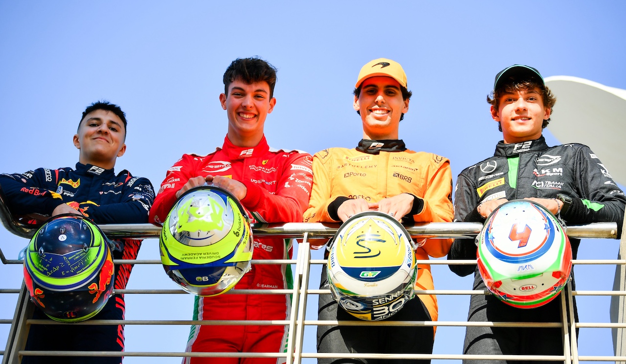 Isack Hadjar celebrating on the podium during his F2 season.