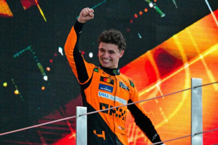 Lando Norris celebrating his 2024 Abu Dhabi GP victory, McLaren F1 car battling Max Verstappen, Norris reflecting on lessons from the 2024 F1 season.