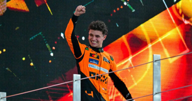 Lando Norris celebrating his 2024 Abu Dhabi GP victory, McLaren F1 car battling Max Verstappen, Norris reflecting on lessons from the 2024 F1 season.