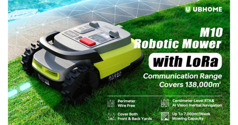 Robotic Mower M10 by UBHOME mowing a large yard with app control features.