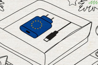A universal USB-C charger connecting to various devices like smartphones, tablets, and cameras, showcasing the new EU charging standard.
