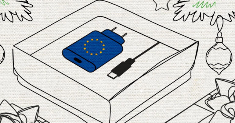 A universal USB-C charger connecting to various devices like smartphones, tablets, and cameras, showcasing the new EU charging standard.