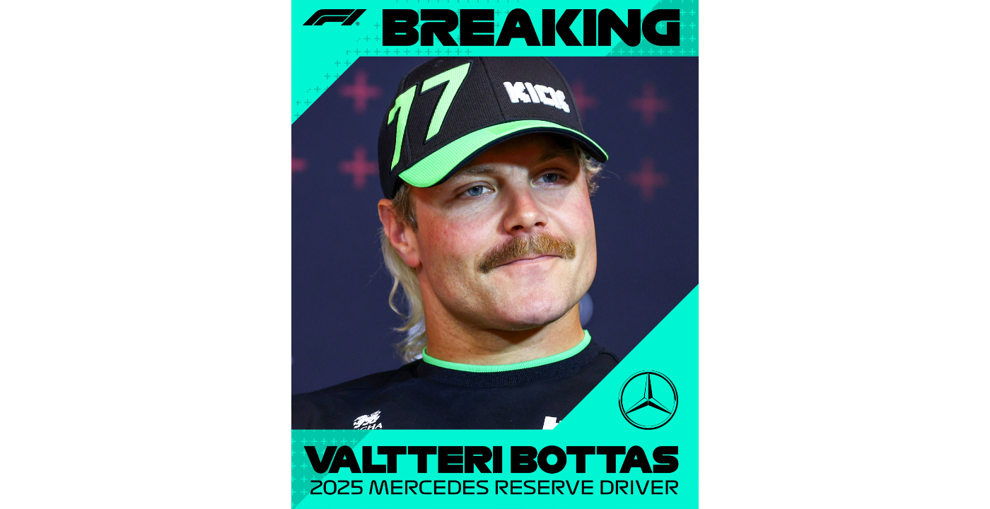 Valtteri Bottas back in a Mercedes F1 suit, celebrating his return to the team as a reserve driver for the 2025 season.