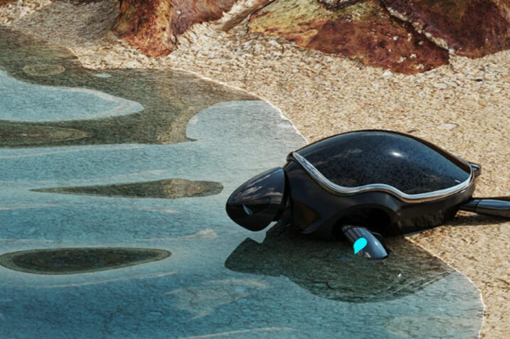 Beatbot RoboTurtle robotic pool cleaner with bionic limbs, showing solar panels and environmental monitoring sensors