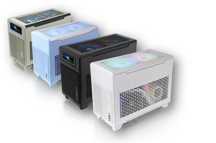 Thermaltake TR100 compact PC case shown in multiple colors with travel suitcase and internal component layout
