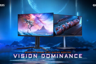 A close-up of the AORUS FO27Q5P and MO27U2 monitors highlighting their cutting-edge QD-OLED panels and sleek designs.