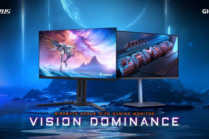 A close-up of the AORUS FO27Q5P and MO27U2 monitors highlighting their cutting-edge QD-OLED panels and sleek designs.