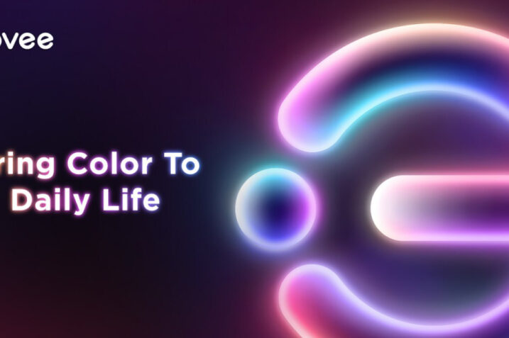 A vibrant living room illuminated by Govee's RGBICWW smart lighting, showcasing dynamic color blending and customizable mood settings for an immersive home experience.