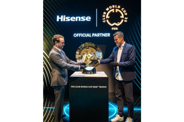 New FIFA Club World Cup 2025 Trophy on display at Hisense's CES booth, showcasing modern design elements