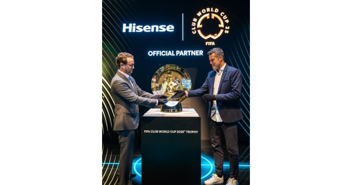 New FIFA Club World Cup 2025 Trophy on display at Hisense's CES booth, showcasing modern design elements