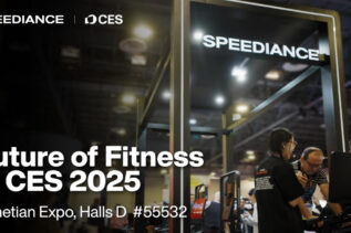 Speediance booth at CES 2025 displaying Gym Monster 2 home gym system and VeloNix Stationary Bike with AI coaching features