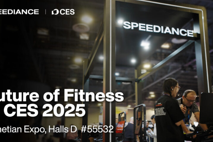 Speediance booth at CES 2025 displaying Gym Monster 2 home gym system and VeloNix Stationary Bike with AI coaching features