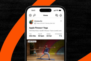 An illustration of Apple Fitness+ and Strava integration showing workout details synced on the Strava app.