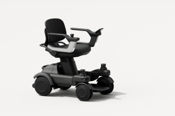 The Strutt ev¹, a personal mobility device, showcasing advanced features like Co-Pilot AI navigation, smart-wheel technology, and an intuitive live-view display at CES 2025 Booth #54771.