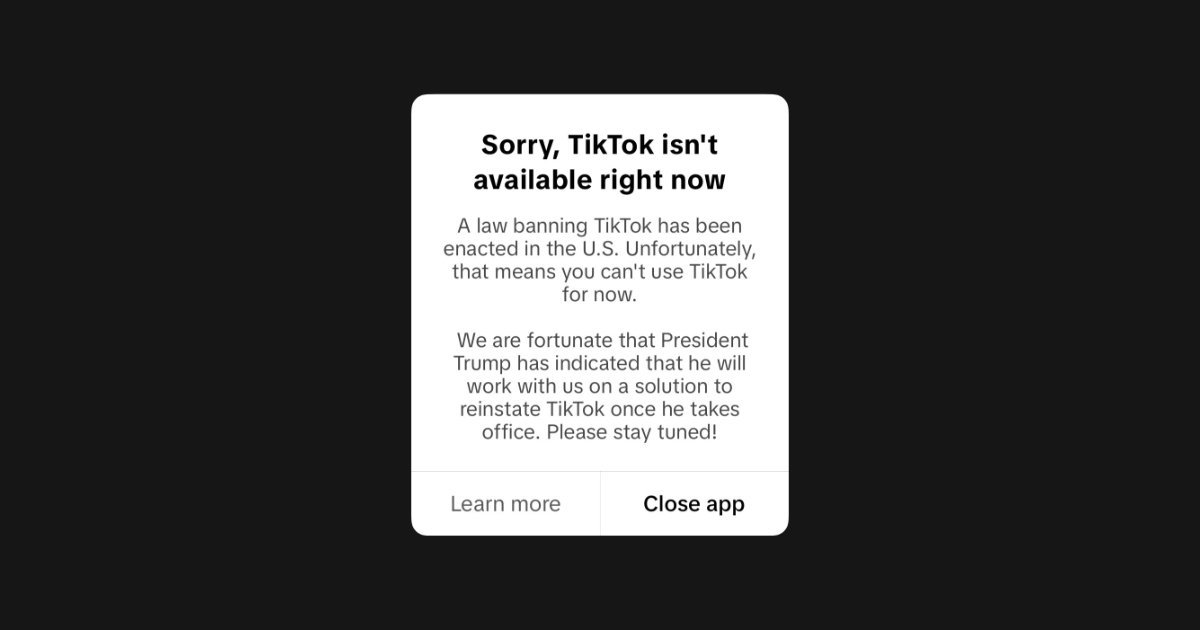 Notification on TikTok app stating 'You can't use TikTok for now' with data download option.