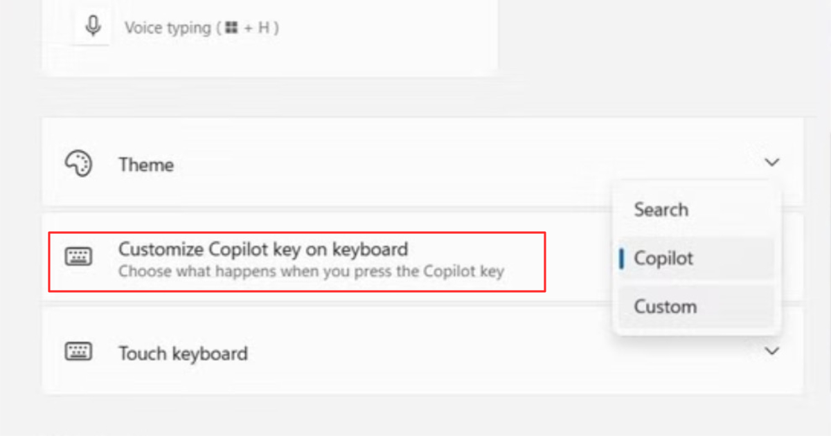 Windows 11 Settings screen showing the Copilot key customization menu, with options to remap the key to Search or Custom applications