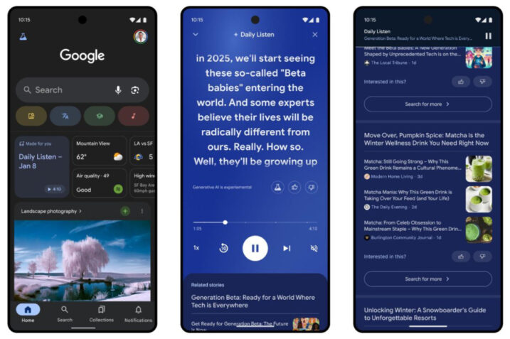 Screenshot of Google's Daily Listen feature showing audio controls and scrolling transcript in the Discover feed