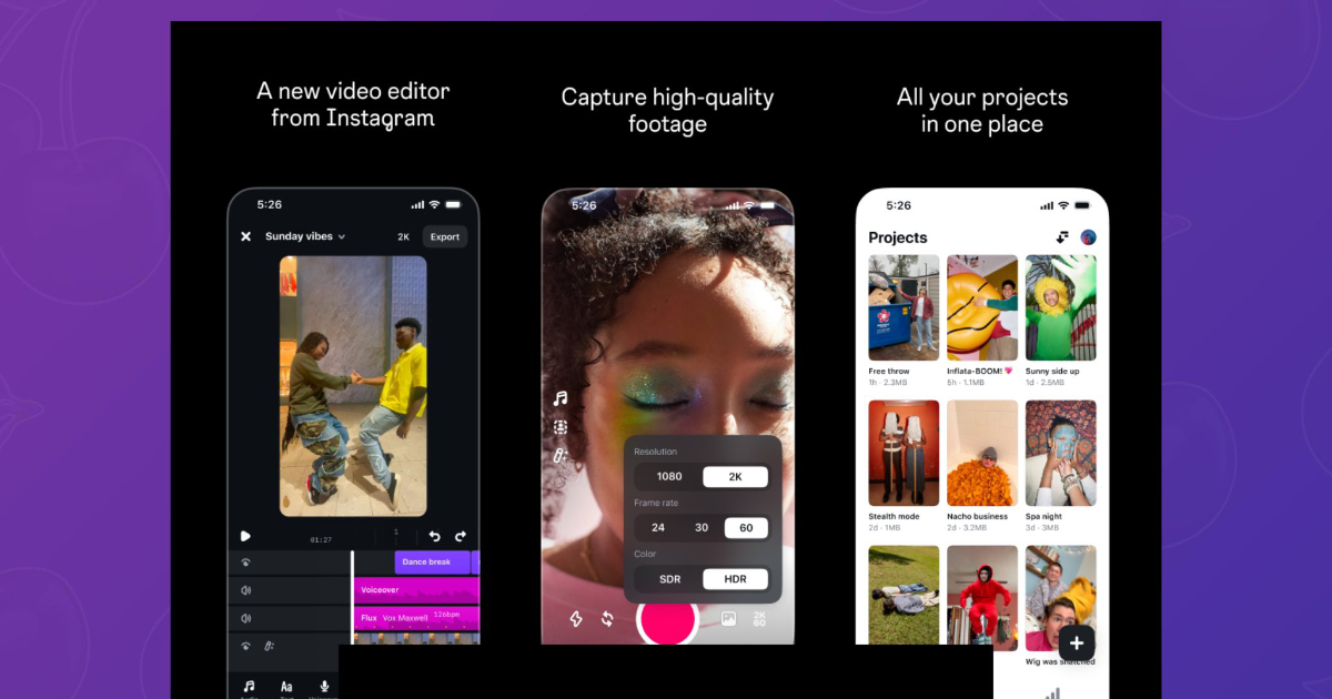 screenshot showing the various features of the Instagram Edits app.