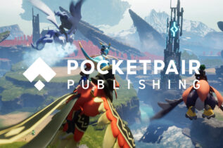 Pocketpair Publishing logo with a background featuring indie game developers collaborating on a new project.