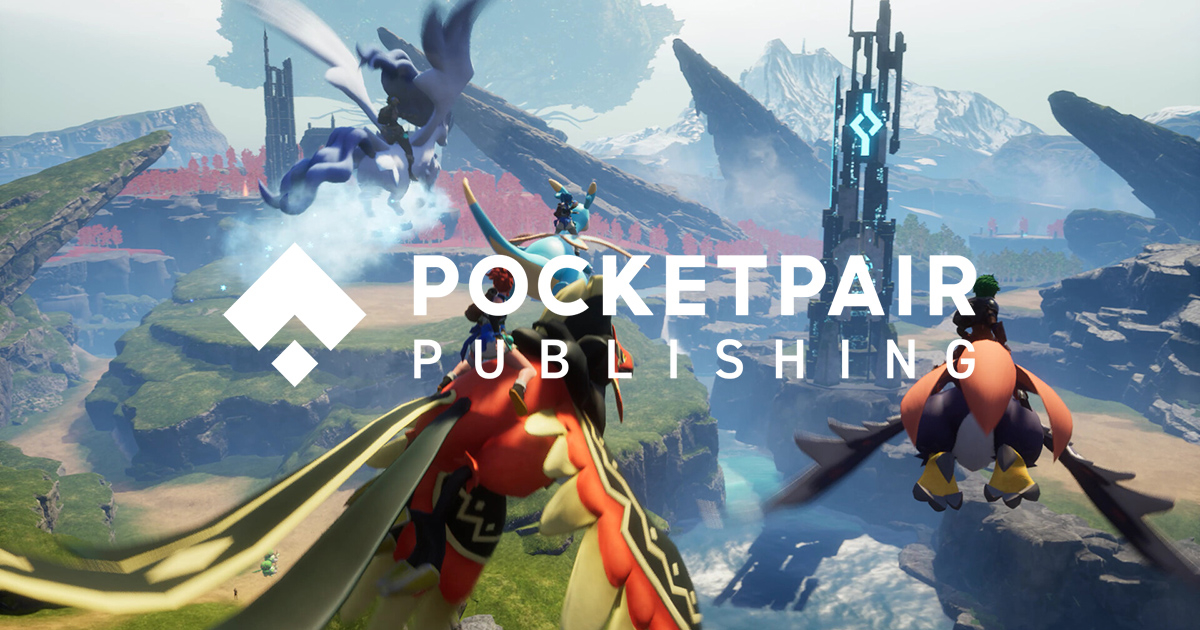 Pocketpair Publishing logo with a background featuring indie game developers collaborating on a new project.