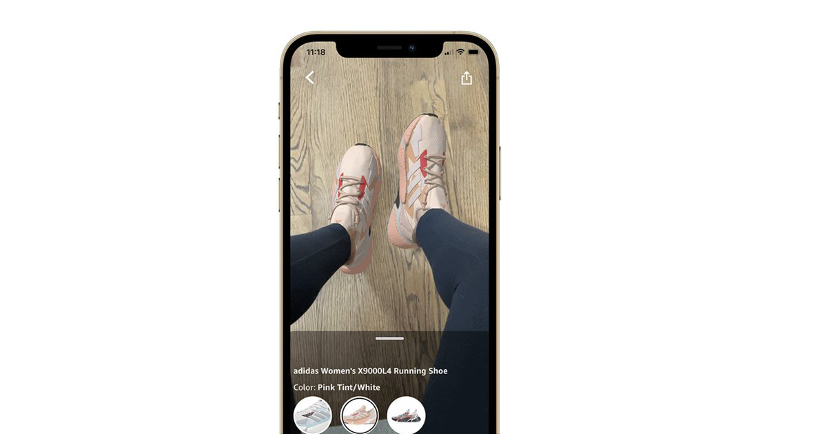 Amazon Virtual Try-On feature showcasing shoes on a smartphone screen.