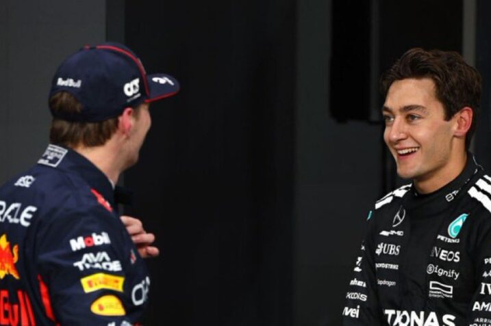 George Russell and Max Verstappen share a moment