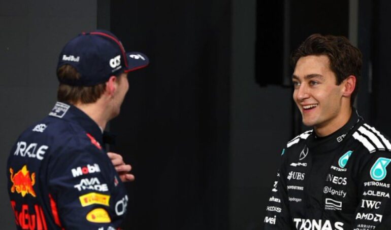 George Russell and Max Verstappen share a moment