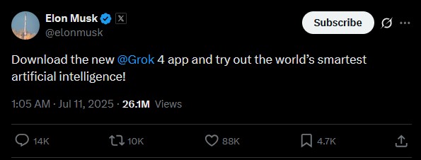 Screenshot of Grok 4 interface showing chain-of-thought reasoning referring to Elon Musk's views