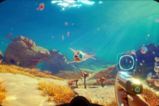 Subnautica 2 screenshot showing underwater co-op exploration in development build