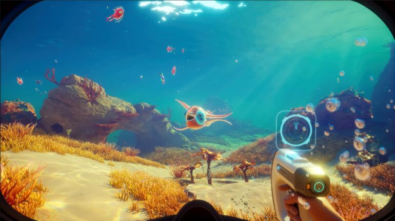 Subnautica 2 screenshot showing underwater co-op exploration in development build