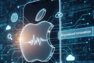 Apple logo with digital AI icons and smartphone, Siri and search interface in background.