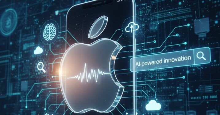 Apple logo with digital AI icons and smartphone, Siri and search interface in background.