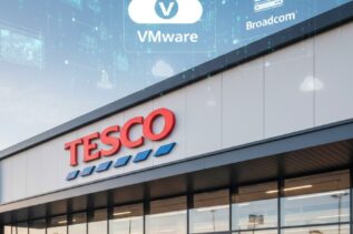 Tesco supermarket storefront with digital cloud and server icons in the background.