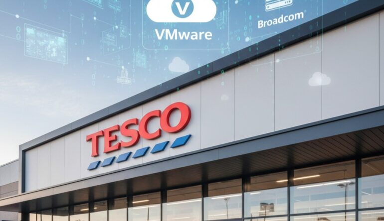 Tesco supermarket storefront with digital cloud and server icons in the background.